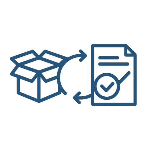 Icônes représentant un retour de produit : boîte, flèche de retour et formulaire pour échange ou remboursement chez PiècesPC.fr