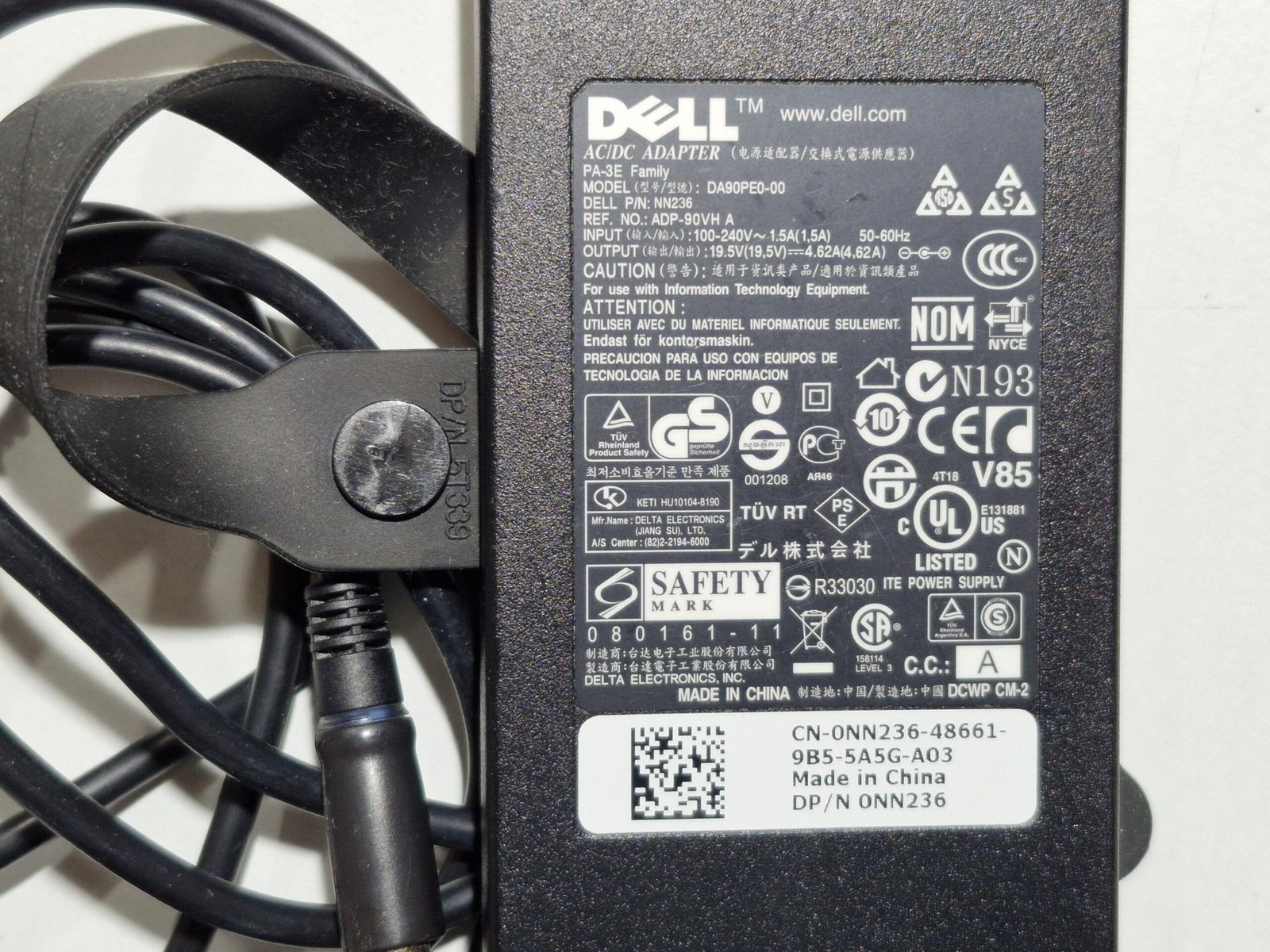 Chargeur DELL Original 90W 19.5V 4.62A – DA90PE0-00 / NN236 – Embout 7.4×5.0mm avec Pin Central – Image 2