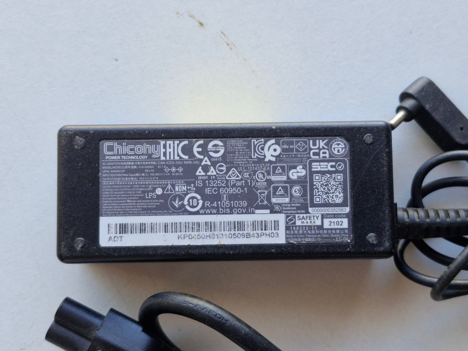 Chargeur Acer Chicony A18-045N2A – 45W 19V 2.37A – Adaptateur Secteur Original – Image 2