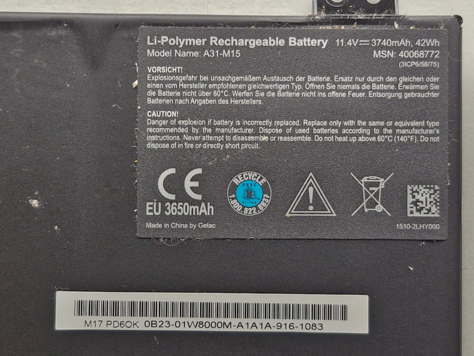 Batterie A31-M15 11.4V 3740mAh 42Wh pour Medion E17201 – Originale Getac – Image 2
